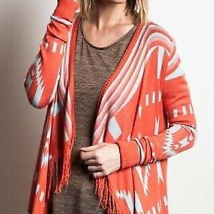 Umgee Tangarine Aztec asymmetric fringe cardigan
